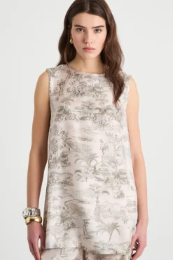 Blusa smanicata in twill stampato - Avorio