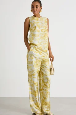 Blusa smanicata in twill stampato - Giallo Bianco