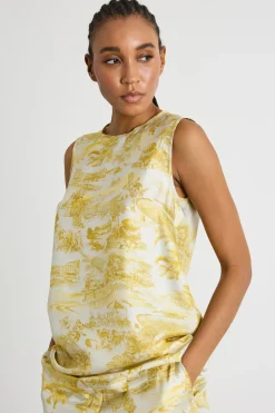 Blusa smanicata in twill stampato - Giallo Bianco