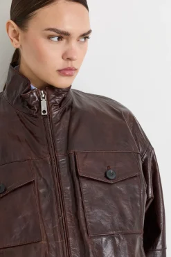 Bomber glossy con tasche - Marrone