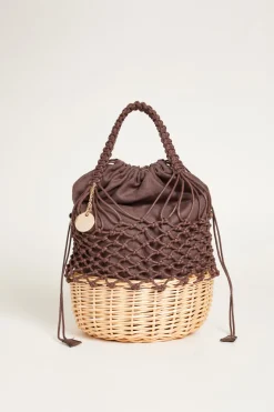 Borsa a secchiello in rete e rattan - Marrone