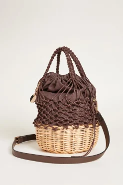 Borsa a secchiello in rete e rattan - Marrone