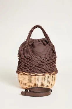 Borsa a secchiello in rete e rattan - Marrone