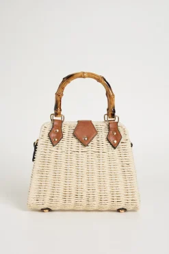 Borsa a trapezio con manico in bamboo - Beige