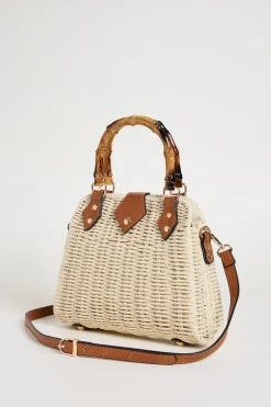 Borsa a trapezio con manico in bamboo - Beige