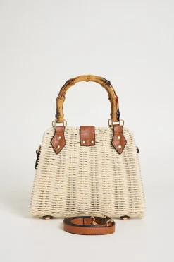 Borsa a trapezio con manico in bamboo - Beige
