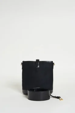 Borsa secchiello mini in tela e pelle - Nero
