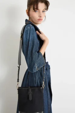 Borsa secchiello mini in tela e pelle - Nero