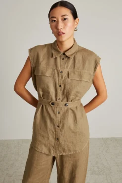 Camicia in lino con cintura - Verde Kaki