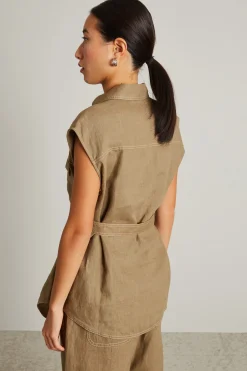 Camicia in lino con cintura - Verde Kaki