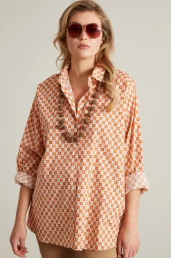 Camicia in popeline a fantasia - Bianco Arancio
