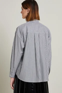 Camicia over in popeline a righe - Nero Bianco