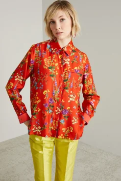 Camicia pajama in seta stampata - Rosso