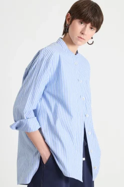 Camicia alla coreana in Oxford - Azzurro Bianco