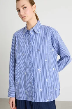 Camicia ampia in popeline con ricami - Blu