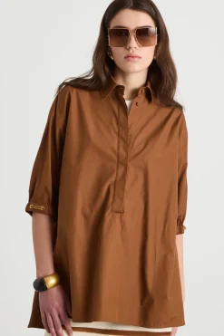 Camicia ampia in popeline - Marrone