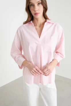 Camicia ampia in popeline - Rosa Bianco