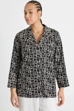 Camicia ampia in popeline stampato - Nero Bianco