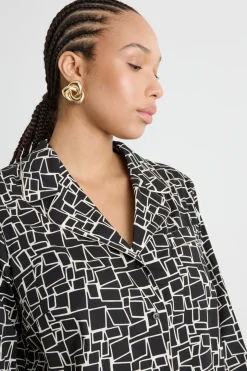 Camicia ampia in popeline stampato - Nero Bianco