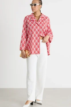 Camicia ampia in popeline stampato - Rosso Bianco
