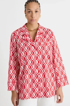 Camicia ampia in popeline stampato - Rosso Bianco