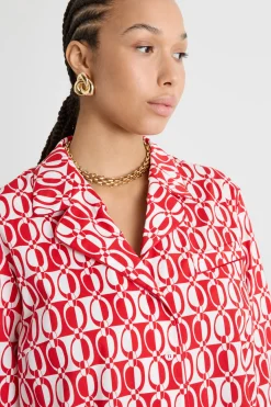 Camicia ampia in popeline stampato - Rosso Bianco