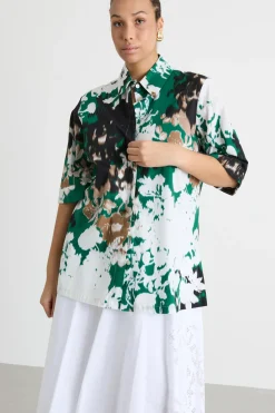 Camicia ampia in popeline stampato - Verde