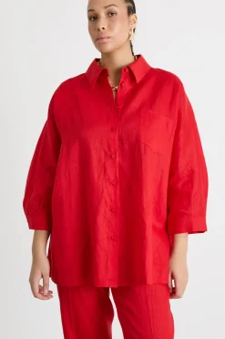 Camicia ampia in tela - Rosso