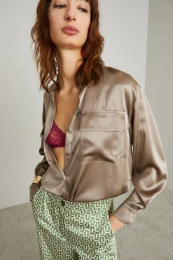 Camicia asimmetrica in raso - Tortora Scuro