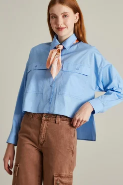 Camicia boxy in popeline a righe - Celeste