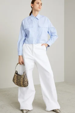 Camicia boxy in popeline a righe - Celeste Bianco