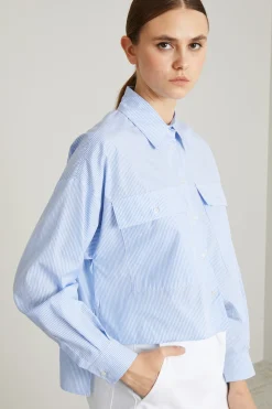 Camicia boxy in popeline a righe - Celeste Bianco