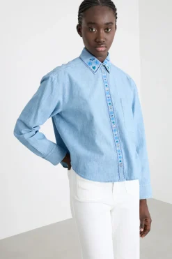 Camicia con colletto ricamato - Azzurro
