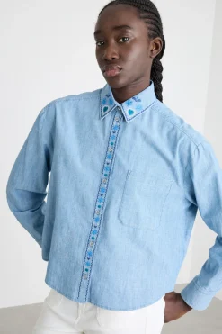 Camicia con colletto ricamato - Azzurro