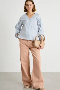 Camicia con maniche arricciate - Azzurro Bianco