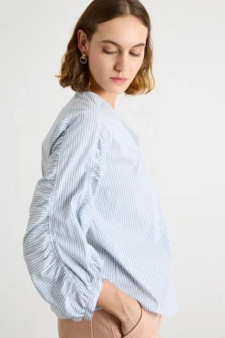 Camicia con maniche arricciate - Azzurro Bianco