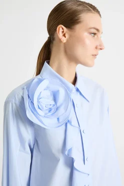 Camicia con rouche e applicazione floreale - Azzurro