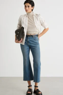 Camicia con scollo a V - Beige Bianco