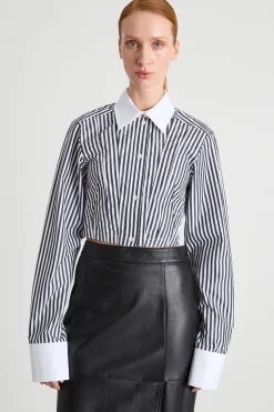 Camicia crop in popeline a righe - Bianco Nero