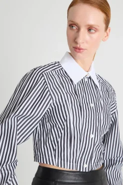 Camicia crop in popeline a righe - Bianco Nero