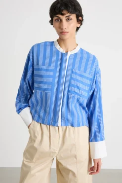Camicia crop in popeline - Blu Bianco