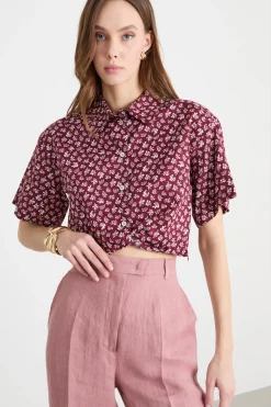 Camicia crop in raso - Bordeaux