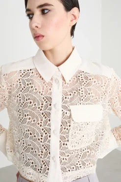 Camicia crop in tulle ricamato - Bianco