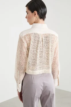 Camicia crop in tulle ricamato - Bianco