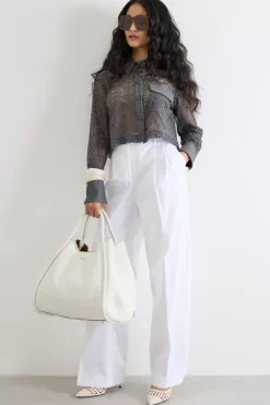 Camicia crop in tulle ricamato - Grigio
