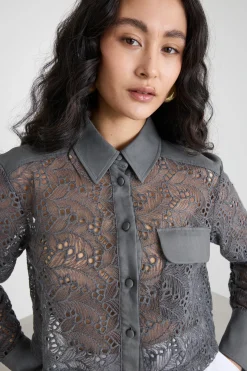 Camicia crop in tulle ricamato - Grigio