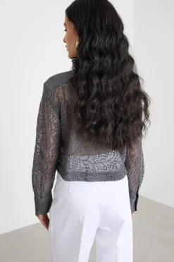Camicia crop in tulle ricamato - Grigio