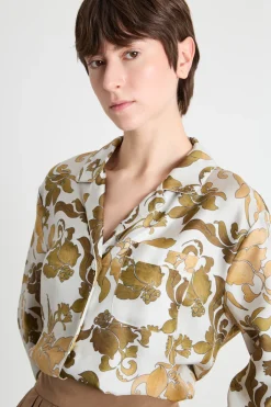 Camicia fluida in twill stampata - Giallo Bianco