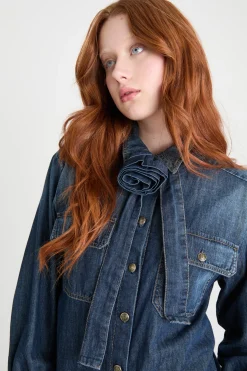Camicia in jeans con fiore - Blu