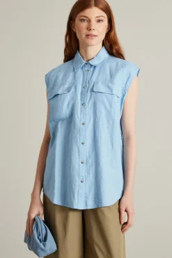 Camicia in lino con cintura - Azzurro